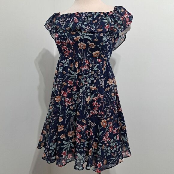 Lulu's Floral Print My Favorite Off The Shoulder Dress Navy Blue Small NWT - Picture 13 of 14